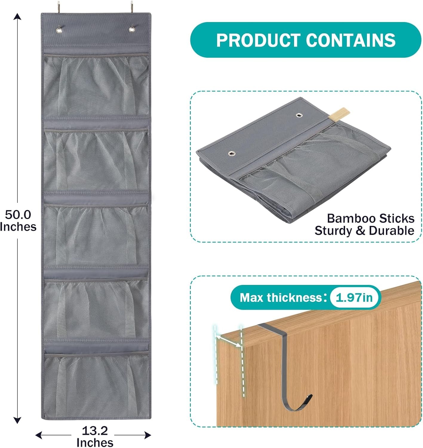 over the Door Organizer, 5-Shelf Door Hanging Organizer with Metal Hooks, Grey