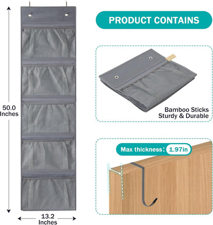 over the Door Organizer, 5-Shelf Door Hanging Organizer with Metal Hooks, Grey