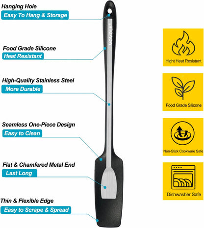 Silicone Jar Spatula, Small Head with Long Handle, Rubber Spatulas Scraper for Jar, Blender, Bottle, Etc. High Heat Resistant for Nonstick Cookware, Seamless, BPA Free, 11.2 Inch, Black.