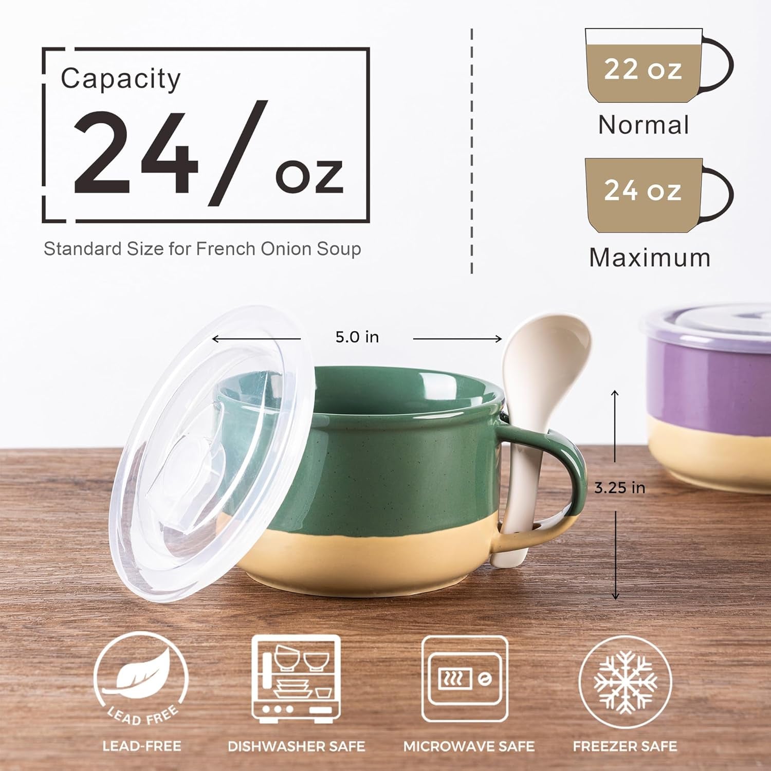 Professional Ceramic Soup Mugs Set of 4 with Handles and Lids, 24 OZ Capacity, Terracotta Underside, Includes Spoons for Soup, Cereal, Salad, Noodles, Ramen, Microwave and Dishwasher Safe, Multicolor