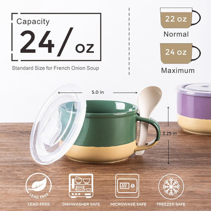 Professional Ceramic Soup Mugs Set of 4 with Handles and Lids, 24 OZ Capacity, Terracotta Underside, Includes Spoons for Soup, Cereal, Salad, Noodles, Ramen, Microwave and Dishwasher Safe, Multicolor