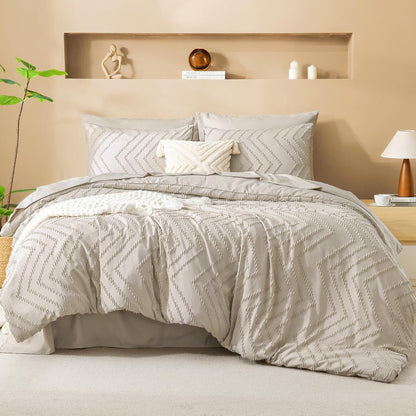 King Size Comforter Set with Sheets Beige - 7 Pieces Bed in a Bag King Chevron Tufted Boho Luxury Bedding Sets with Comforter, Sheets, Pillowcases & Shams
