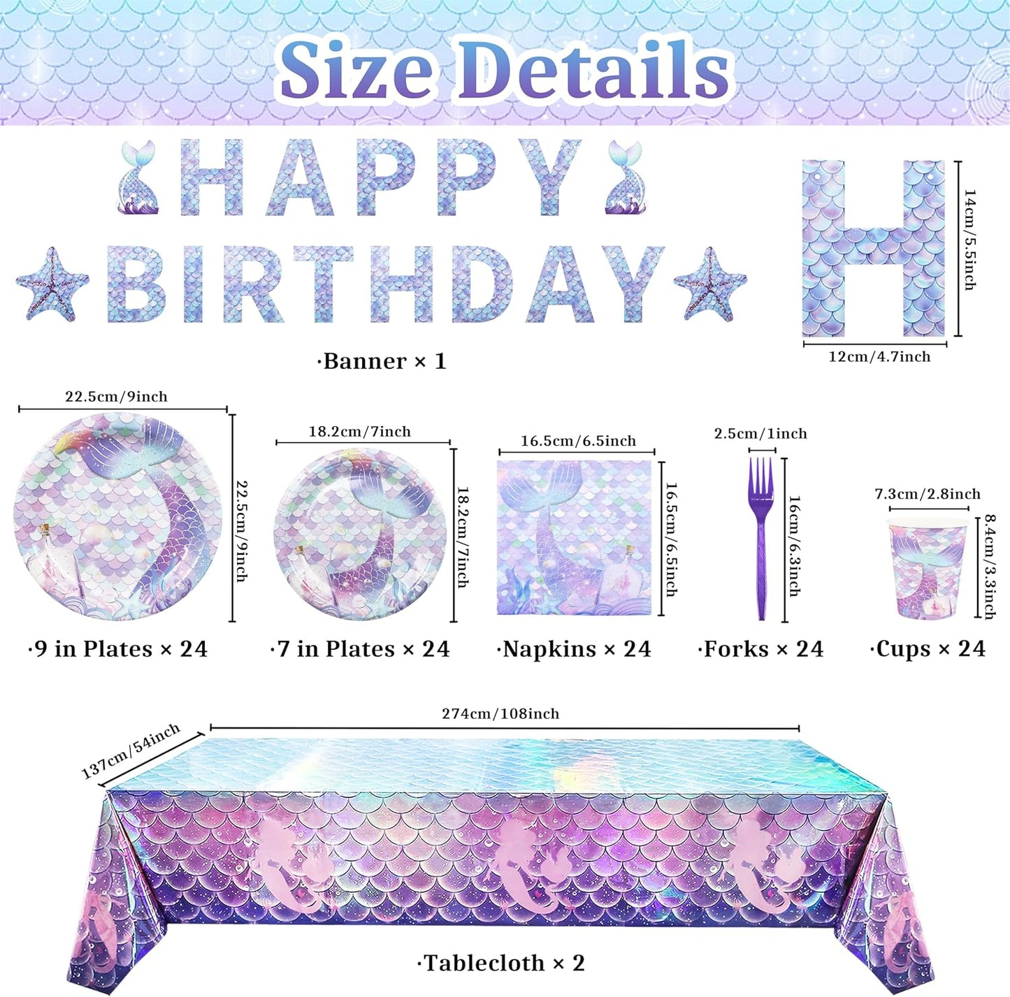 Mermaid Party Decorations, Mermaid Theme Party Supplies for 24 Guests, Disposable Mermaid Party Decorations Tableware Set, Plates, Napkins, Cups, Tablecloth with Banner