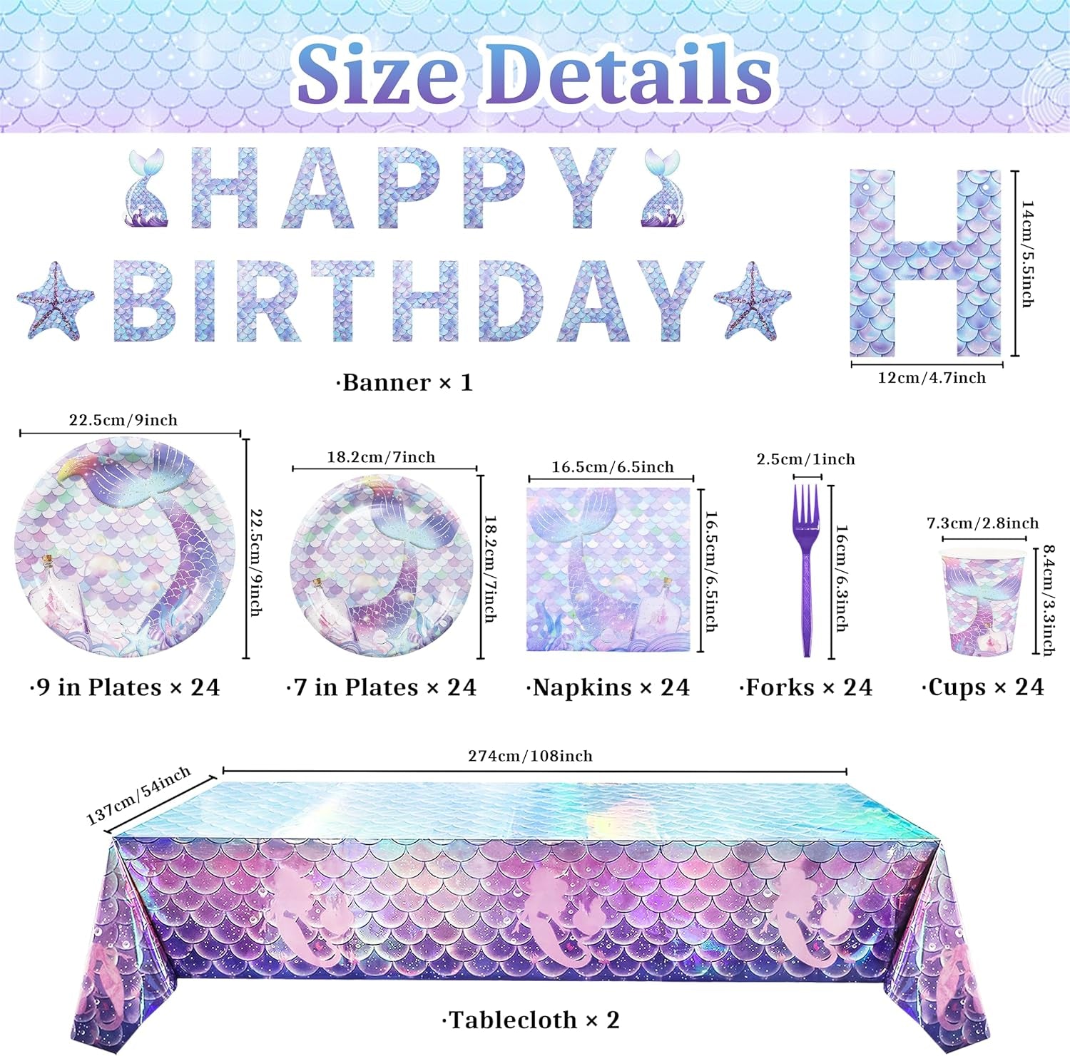 Mermaid Party Decorations, Mermaid Theme Party Supplies for 24 Guests, Disposable Mermaid Party Decorations Tableware Set, Plates, Napkins, Cups, Tablecloth with Banner