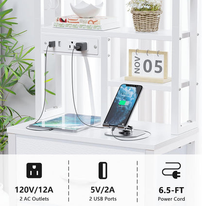 Tall LED Nightstand with Charging Station, USB Ports, 4 PVC Fabric Drawers, and 4-Tier Storage Shelf - Versatile Bedside Table for Bedroom, Dorm, or Office (White)
