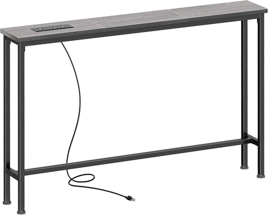 5.9-Inch Console Table with Integrated Charging Station, Sofa Table for Behind Couch, Metal Frame, Charcoal Grey Finish, Dimensions: 5.9 x 39.4 x 29.1 Inches