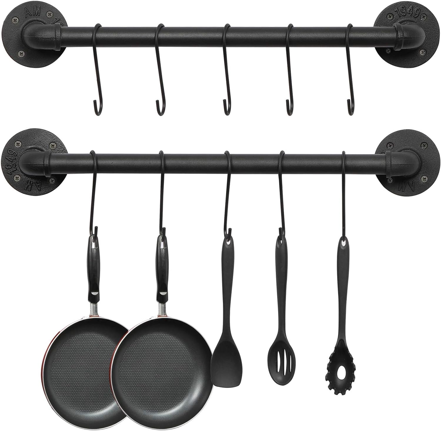 Wall Mounted Pot Pan Rack 21'' Set of 2, Industrial Utensils Wall Hanger Iron Pipe Kitchen Hanging Rail with 10 S Hooks