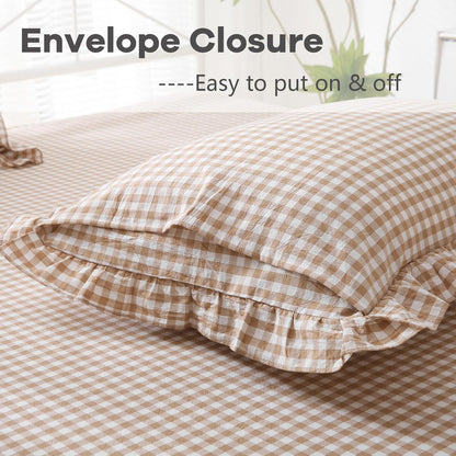 Set of 2 Taupe and White Plaid Ruffle Square Euro Pillow Shams - 100% Washed Cotton Gingham in Camel Brown for Fall Decor - 26'' x 26
