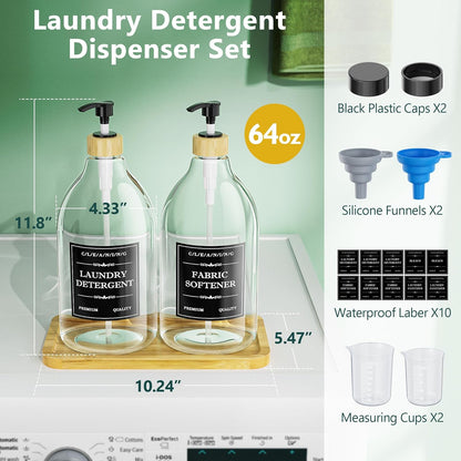 Liquid Laundry Detergent Dispenser with Bamboo Tray, 2 Pack 64 Oz Plastic Laundry Soap Dispenser, Fabric Softener Dispenser with Pump and Labels for Laundry Room Decor and Organization