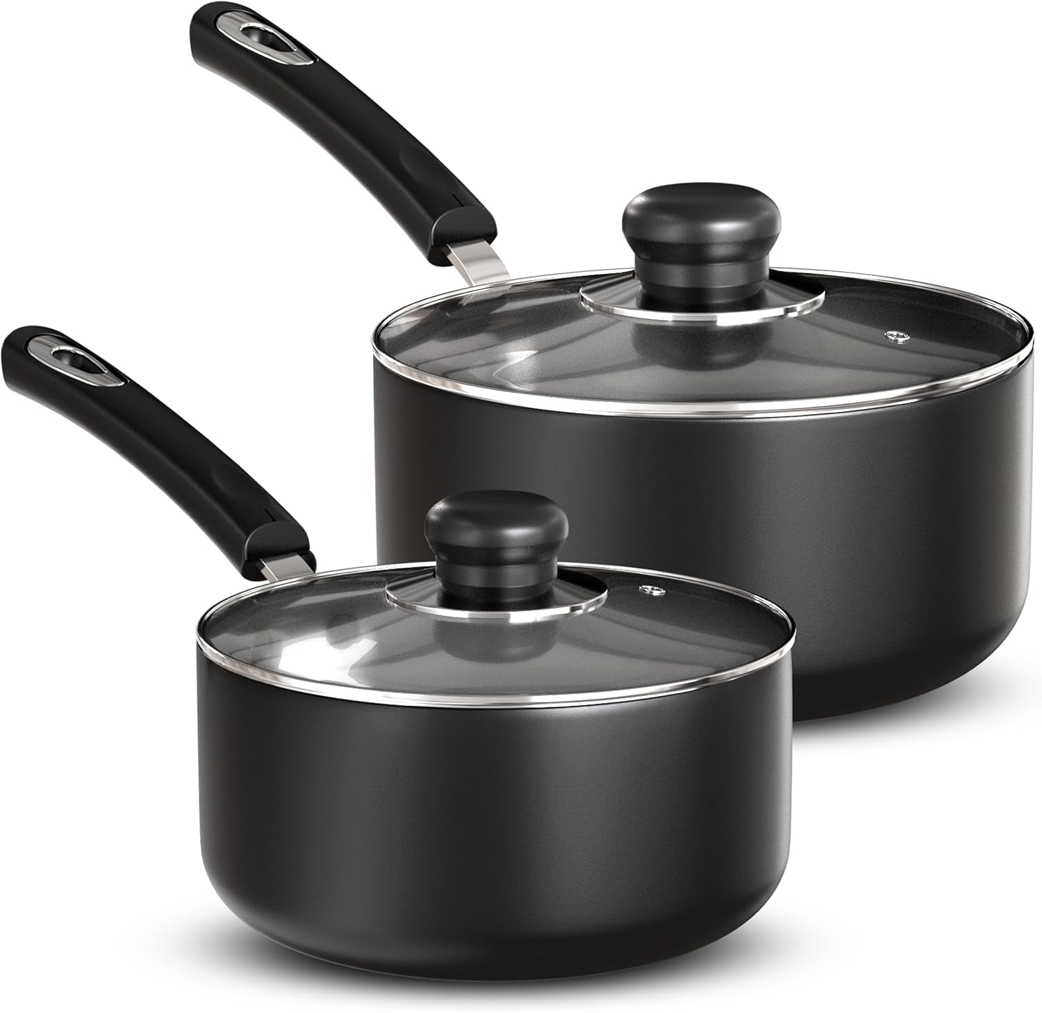 Nonstick Saucepan Set, Cooking Pots with Lids, 1 Quart and 2 Quarts Multipurpose Kitchen Small Pots for Cooking Nonstick with Lids, 1 Qt & 2 Qt Set, Grey & Black
