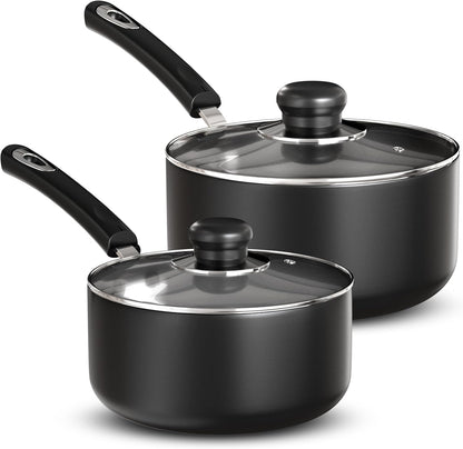 Nonstick Saucepan Set, Cooking Pots with Lids, 1 Quart and 2 Quarts Multipurpose Kitchen Small Pots for Cooking Nonstick with Lids, 1 Qt & 2 Qt Set, Grey & Black