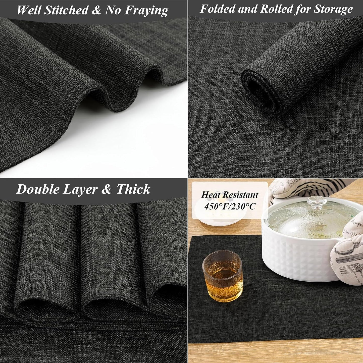 Washable Cloth Placemats Set of 4 Cotton Linen Double Layer Thickened Machine Washable Table Mats Non Slip Heat Resistant Fabric Place Mats for Dining Table, Black
