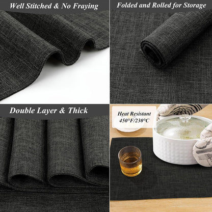 Washable Cloth Placemats Set of 4 Cotton Linen Double Layer Thickened Machine Washable Table Mats Non Slip Heat Resistant Fabric Place Mats for Dining Table, Black