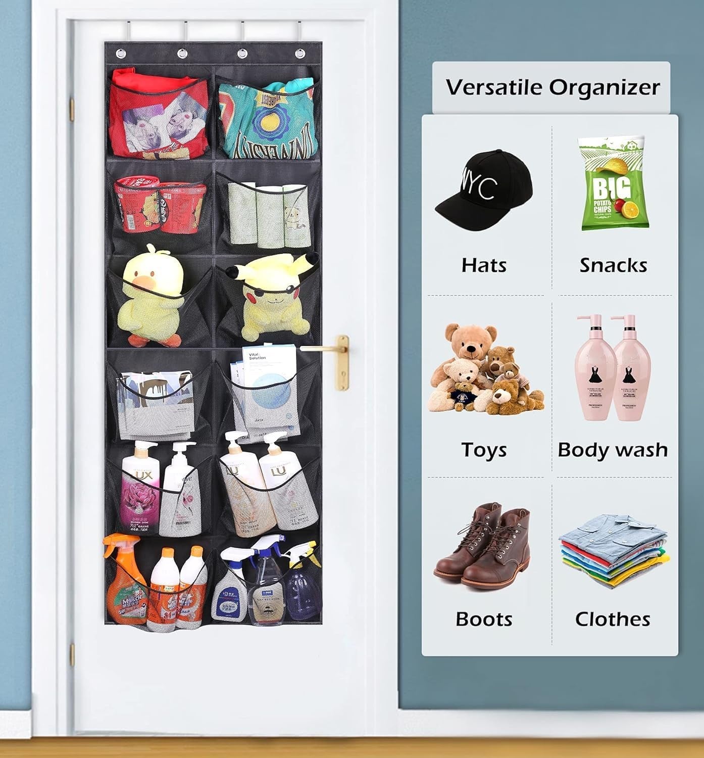 Boots Hanging Shoe Organizer for Closet 12 Extra Large Mesh Pockets over the Door Shoe Rack for Men Shoes Size 16, Black