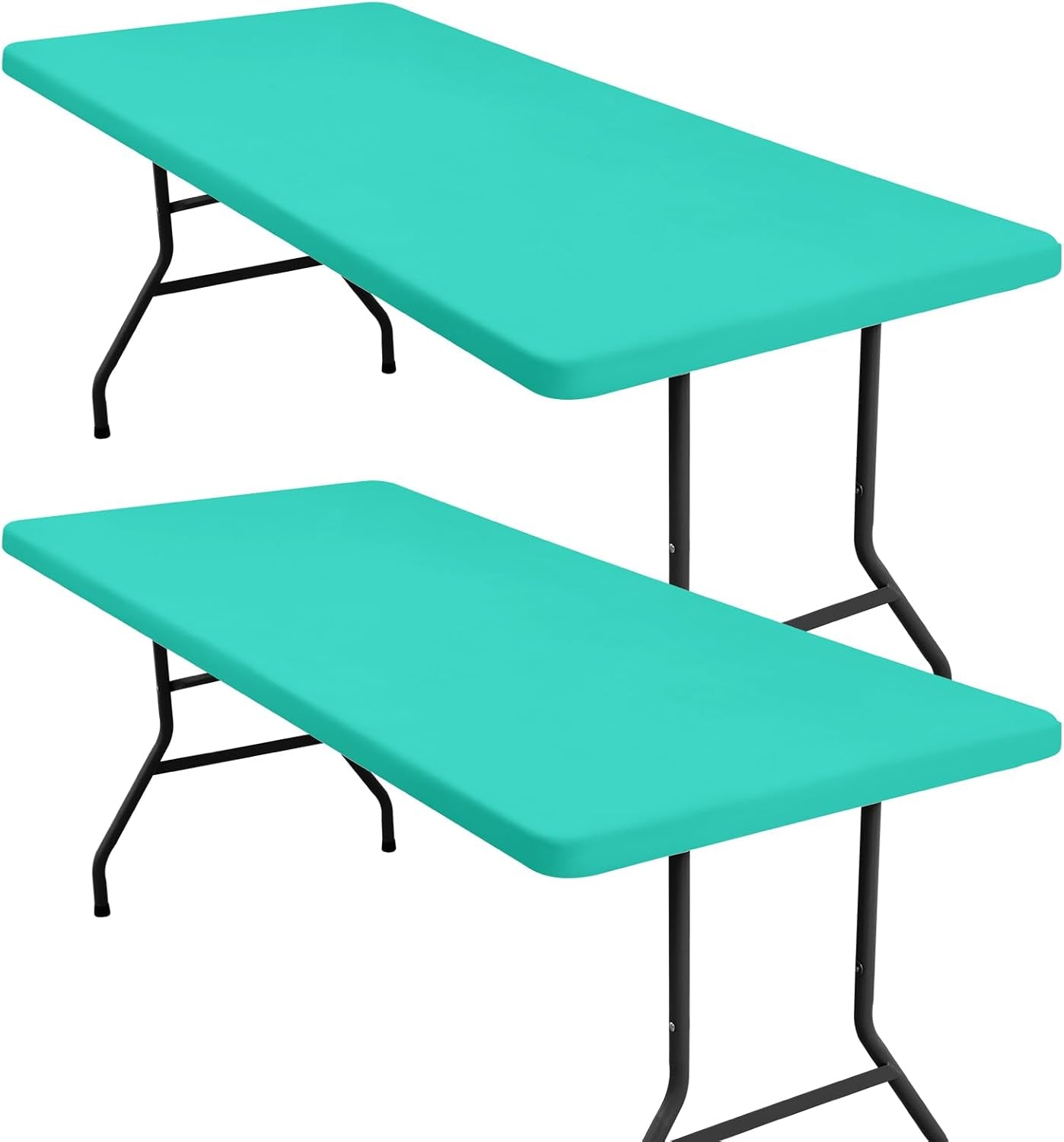 2 Pack 6 Foot Rectangle Elastic Fitted Tablecloth, Waterproof Fabric Table Cover, Washable Polyester Table Cloth for Picnic, Camping, Outdoor (Teal, 30" X 72")