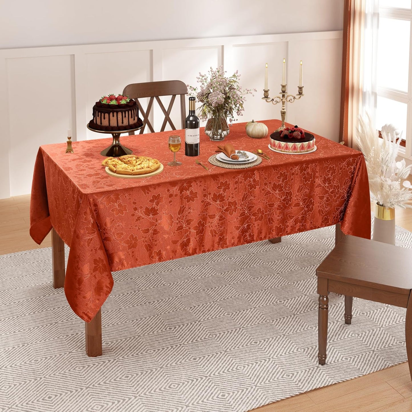 Rectangle Thanksgiving Tablecloth, Waterproof Jacquard Fall Table Cloth, Damask Cloth Table Cover for Harvest Decor (60" X 84", Rust Maple Leaf)