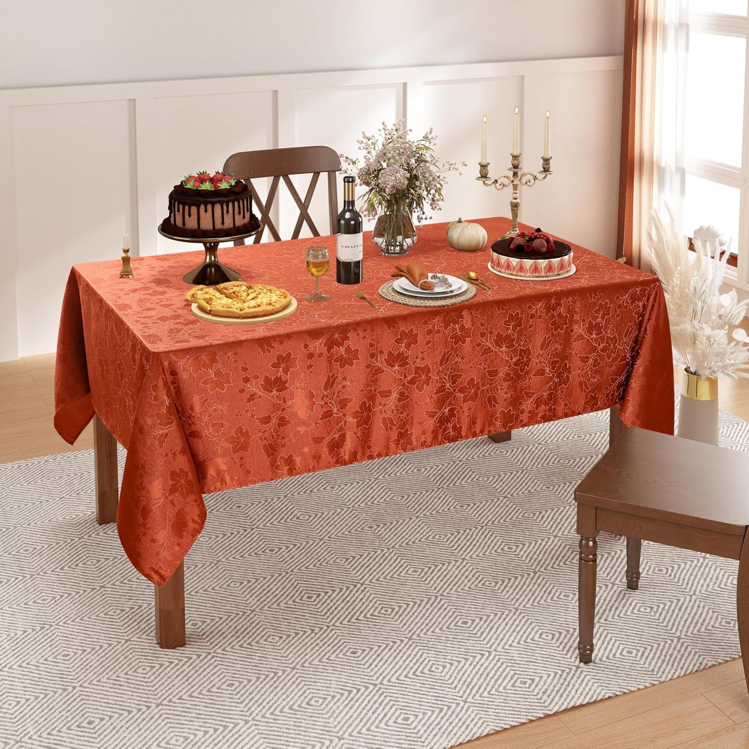 Rectangle Thanksgiving Tablecloth, Waterproof Jacquard Fall Table Cloth, Damask Cloth Table Cover for Harvest Decor (60" X 84", Rust Maple Leaf)