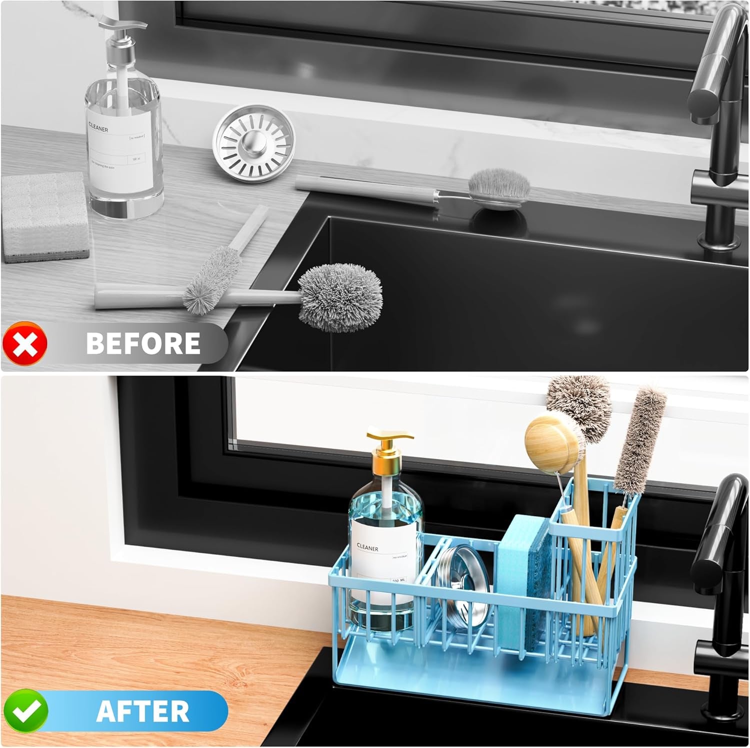 Blue Kitchen Sink Caddy Organzier with High Brush Holder, Sponge Holder for Sink, 304 Rustproof Stainless, Kitchen Countertop Soap Dispenser Organizer, Home Decor and Accessories