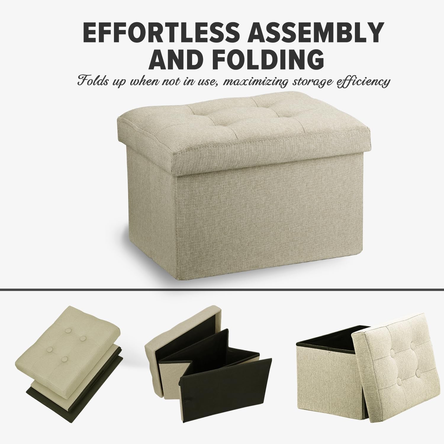 Small Folding Ottoman with Storage - Beige Linen Footrest Stool for Under Desk, 16"x12"x12