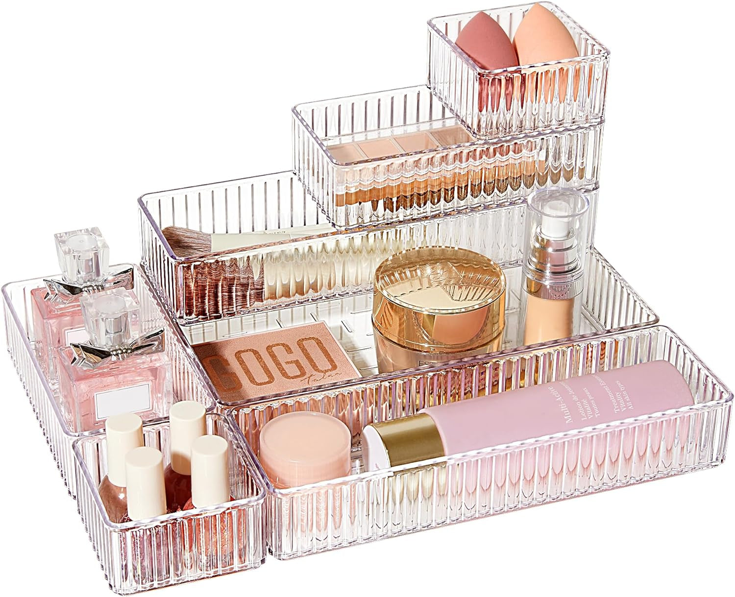7 PCS Clear Drawer Organizers Bins, 4-Size Stackable Makeup and Vanity Drawer Organizer Trays, Acrylic Bathroom Drawer Storage Containers for Cosmetic, Office Supply, Kitchen Utensils Gadgets