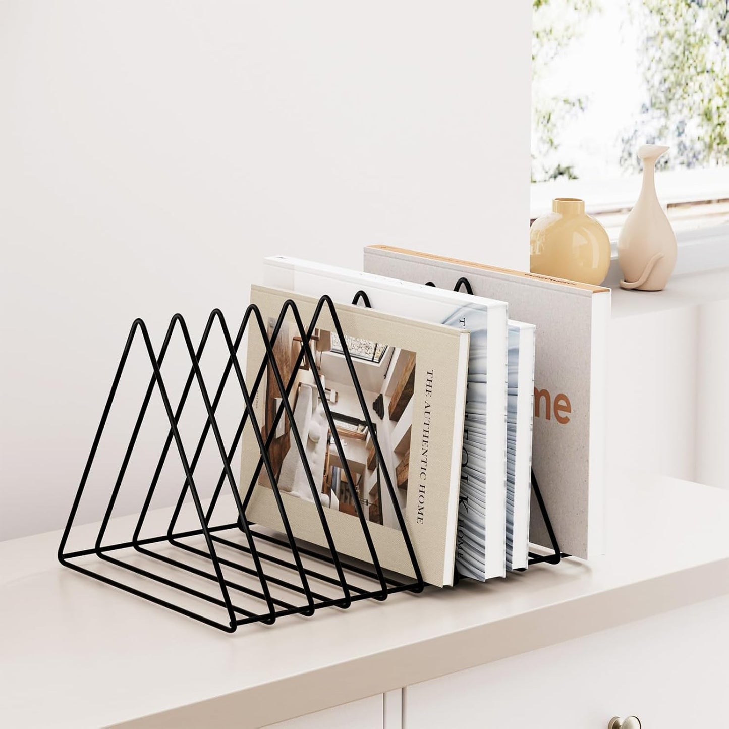 Triangle Desk Organizer - Metal Wire Magazine Holder, 10 Sections, Decorative File Folder Organizer, Vinyl Record Storage, Office File Holder - Black