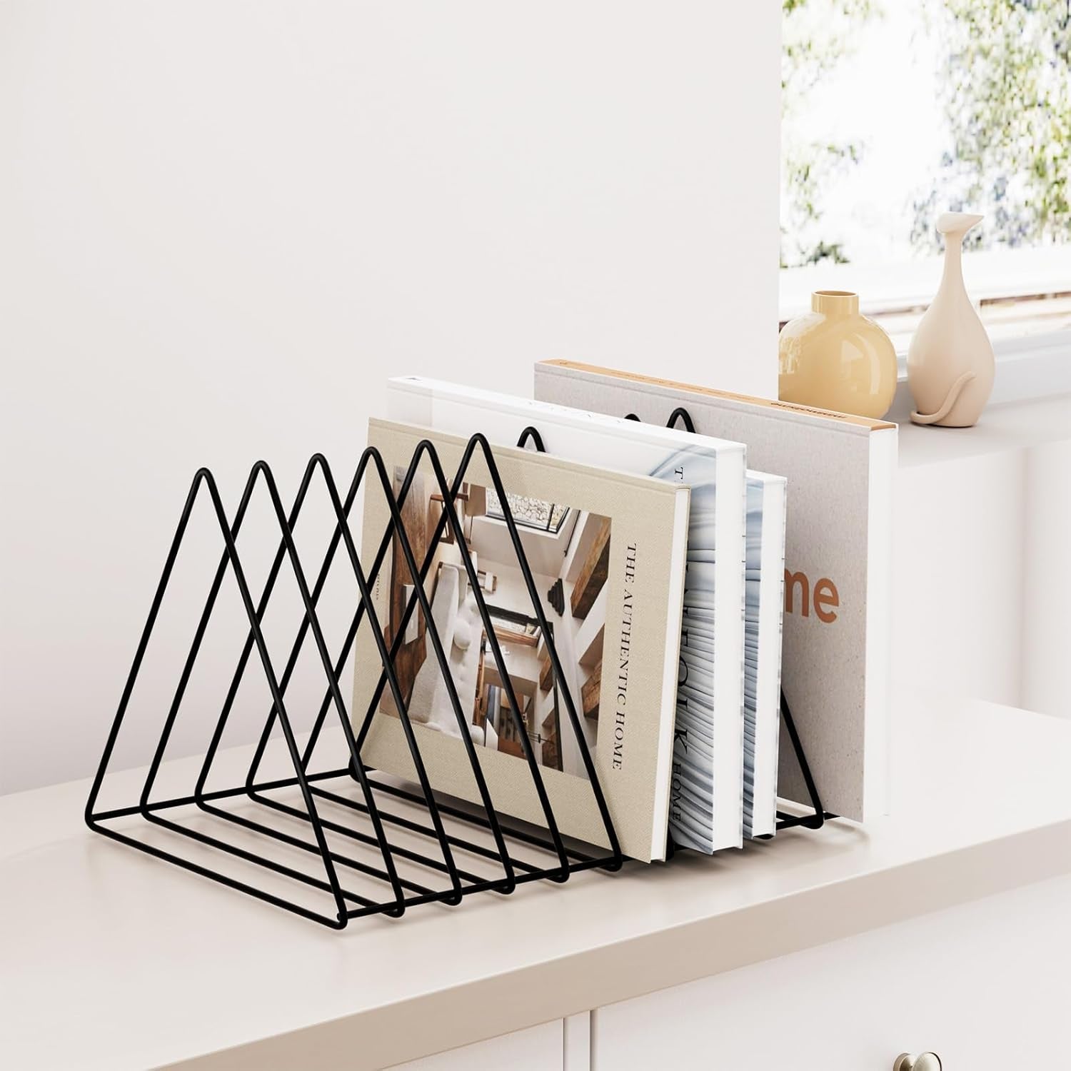 Triangle Desk Organizer - Metal Wire Magazine Holder, 10 Sections, Decorative File Folder Organizer, Vinyl Record Storage, Office File Holder - Black