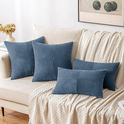 Blue Corduroy Pillow Covers Pack of 2 Boho Decorative Spliced Throw Pillow Covers Soft Solid Couch Pillowcases Cross Patchwork Textured Cushion Covers for Living Room Bed Sofa 18X18 Inch