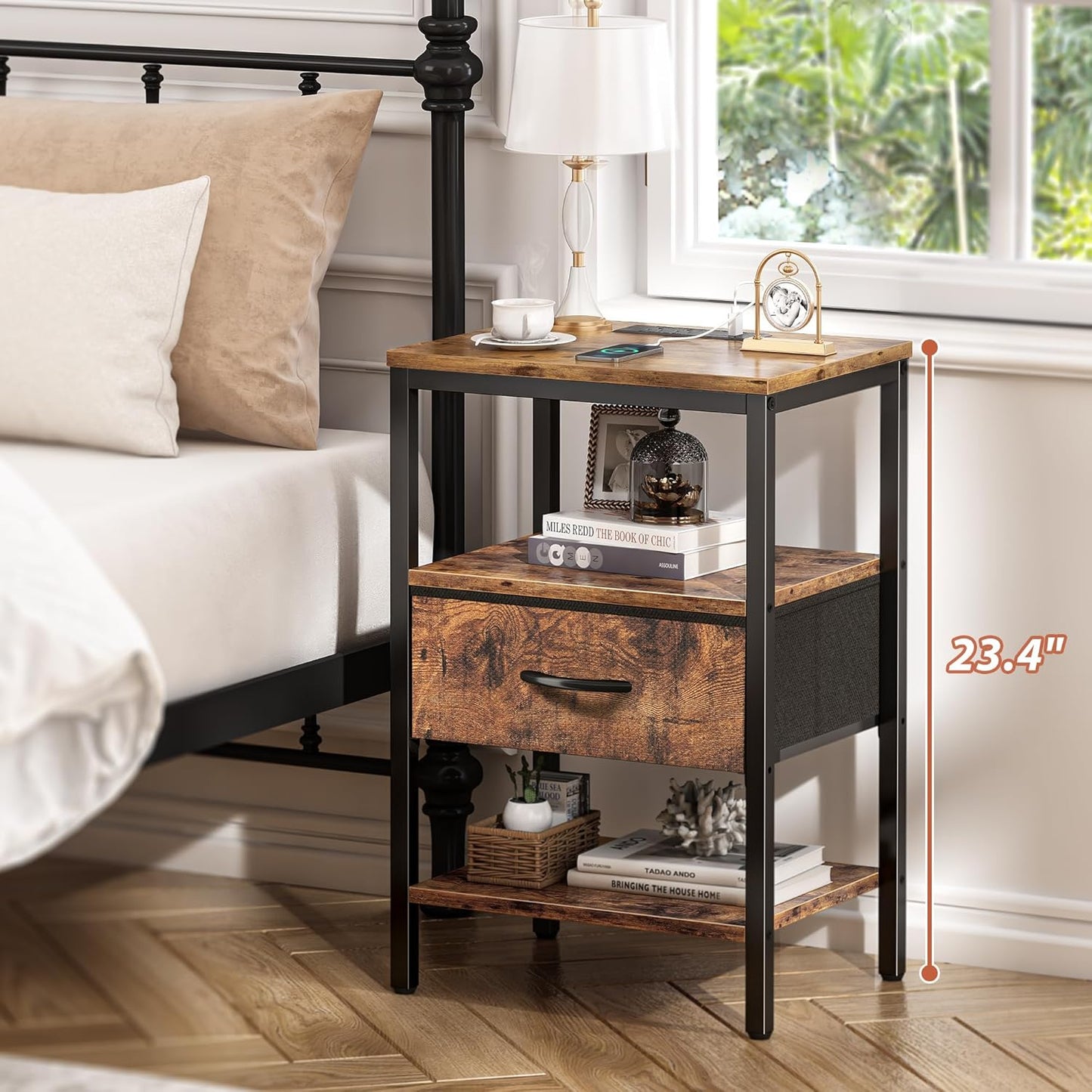 Rustic Brown Nightstand with Integrated Charging Station and Adjustable Fabric Drawer, 3-Tier Storage End Table for Bedroom and Living Room