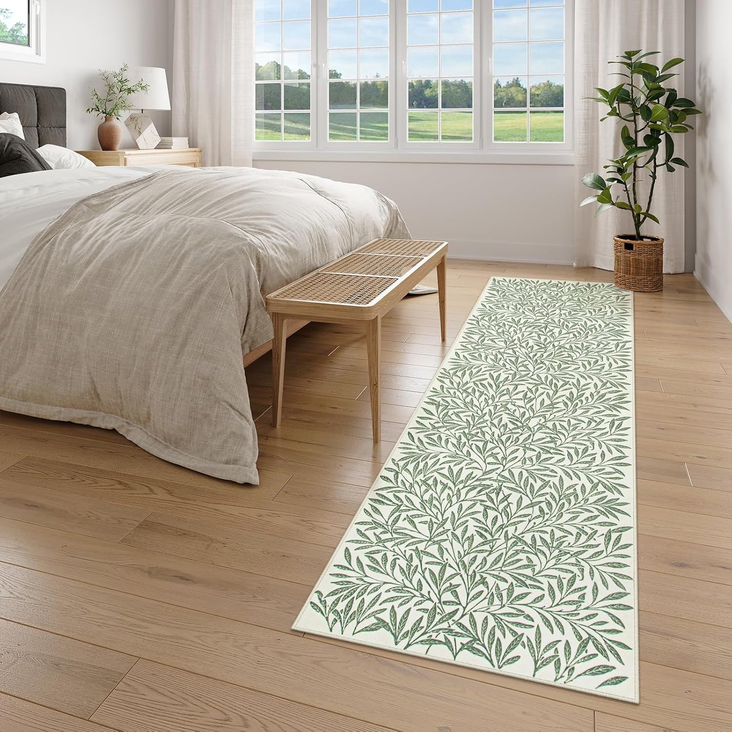 Botanical Boho Green Kitchen Runner, Non Skid, Washable Leaf Carpet for Hallway 8Ft, Non Shedding Modern Rug for Entryway Porch (2'5''X8'')