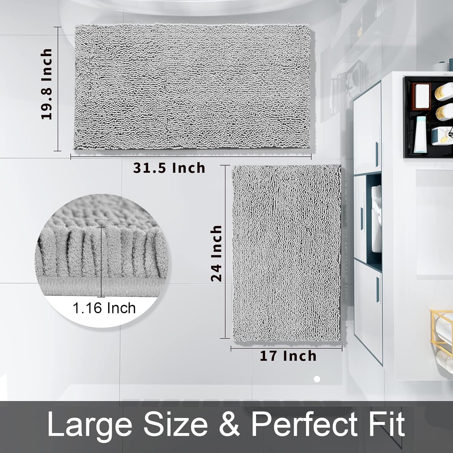 Bathroom Rug Set 2-Piece, Soft Absorbent Quick-Dry Chenille Bath Mats, Machine-Washable, Bathroom Mats for Floor, Tub & Shower, Bath Rugs for Bathroom – 32X20 + 24X17, Grey