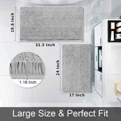 Bathroom Rug Set 2-Piece, Soft Absorbent Quick-Dry Chenille Bath Mats, Machine-Washable, Bathroom Mats for Floor, Tub & Shower, Bath Rugs for Bathroom – 32X20 + 24X17, Grey