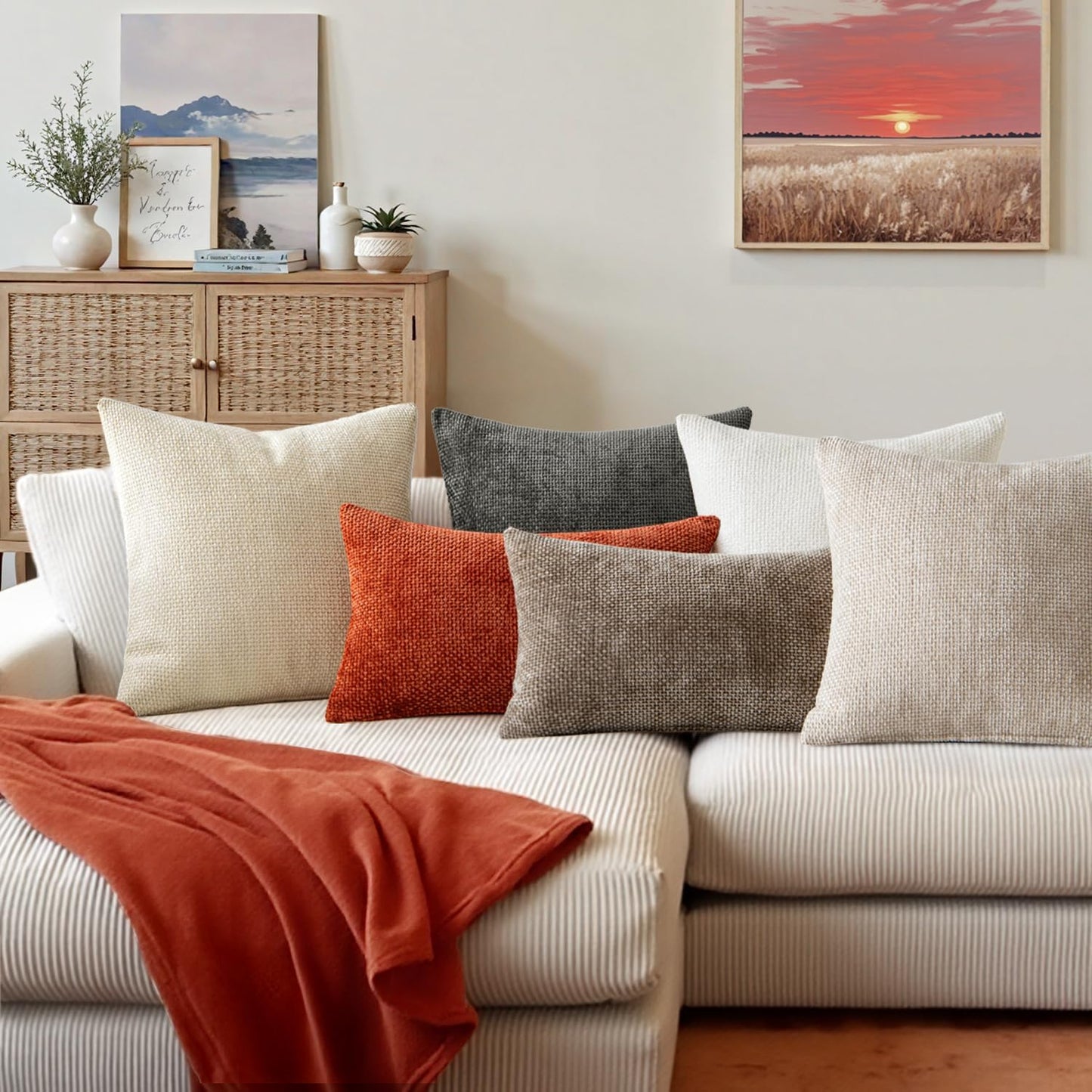 Pack of 2 Fall Burnt Orange Decorative Pillow Covers 18X18 Inch Soft Chenille Couch Throw Pillows Farmhouse Cushion Covers for Home Decor Sofa Bedroom Living Room