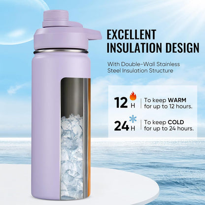 18 Oz Insulated Water Bottle with Handle, 304 Stainless Steel Water Bottles with Wide Mouth, Double Wall Vacuum Sports Water Bottle, BPA Free, Keep Cold and Hot, Purple