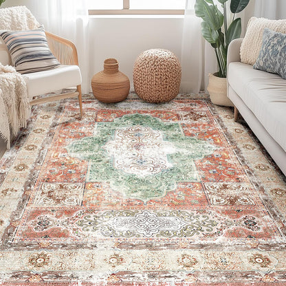 6X9 Area Rugs Machine Washable No Pile Non Slip Vintage Rugs for Living Room&Bedroom&Dinning Room Bohemian Distressed Carpet Indoor,Brick