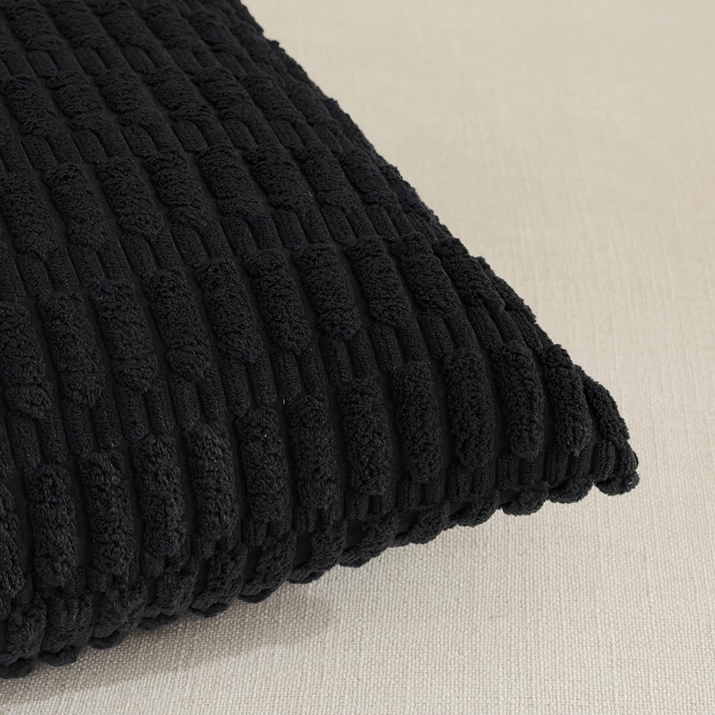 2 Packs Black Decorative Throw Pillow Covers 18X18 Inch for Living Room Couch Bed Sofa, Rustic Farmhouse Boho Home Decor, Soft Striped Corduroy Square Cushion Case 45X45 Cm