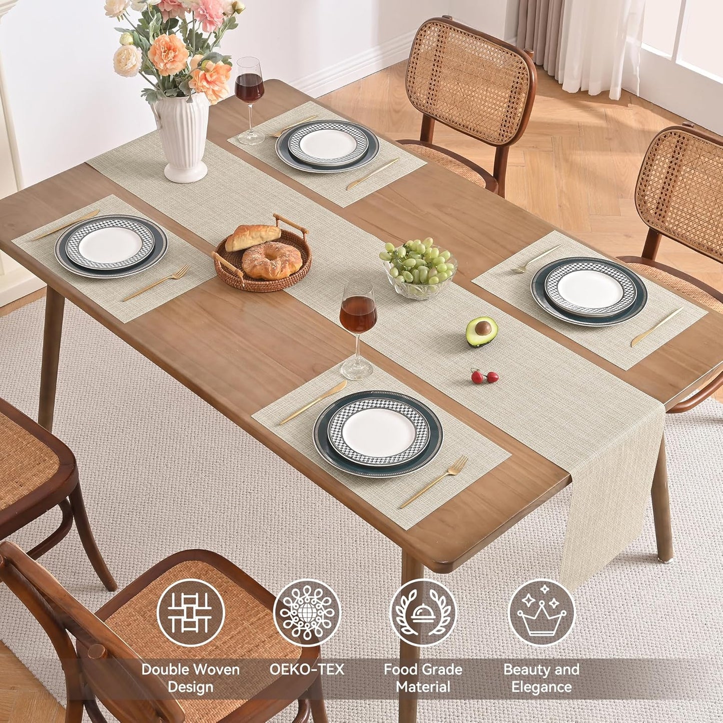 Beige Table Runner and Placemats Set of 5, Heat Resistant Non-Slip Place Mats for Dining Table, Washable Durable PVC Vinyl Woven Table Runner Set