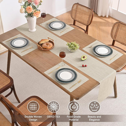 Beige Table Runner and Placemats Set of 5, Heat Resistant Non-Slip Place Mats for Dining Table, Washable Durable PVC Vinyl Woven Table Runner Set