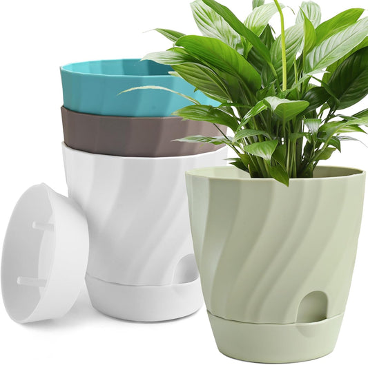 Plant Pots with Drainage, Self Watering Pots for Indoor Plants, Home Decor Flower Planters, 4 Pack 6 Inch Plastic Planters Succulent Pots, Mix Color
