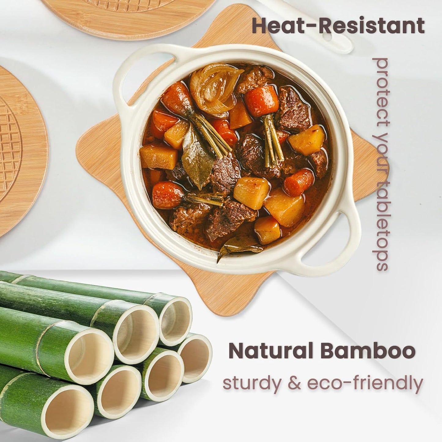 Bamboo Trivets for Hot Dishes, Hot Pots and Pans, 7.5 Inch Thick Heat Resistant Large Coaster for Kitchen, Hot Pads, Kitchen Essentials, Kitchen Decor for Table & Countertop, 2 round +2 Square