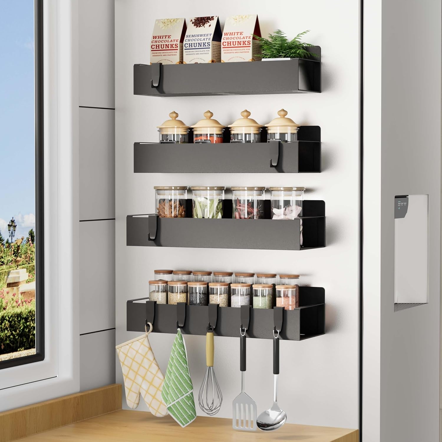 Magnetic Spice Rack for Refrigerator，Fridge Organizer for Kitchen Organization and Storage, 4 Pack (Black) Metal Shelf with 8 Moveable Hooks