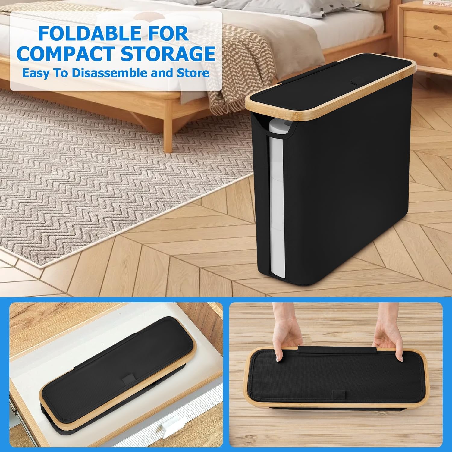 Toilet Paper Storage Basket, Toilet Paper Container with Lid, Bathroom Organizer Hold up to 9 Mega Rolls or 12 Regular Rolls, Black
