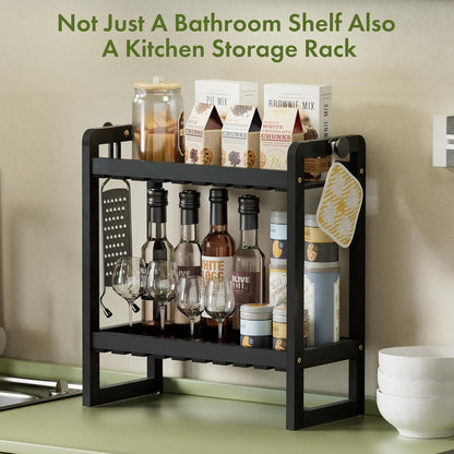 Bamboo over the Toilet Storage Shelf - 2-Tier Bathroom Organizers and Storage Shelves, 2 in 1 Dual Stable above over Toilet Bathrooms Shelf Home Storages Rack for Small Bathroom, Black