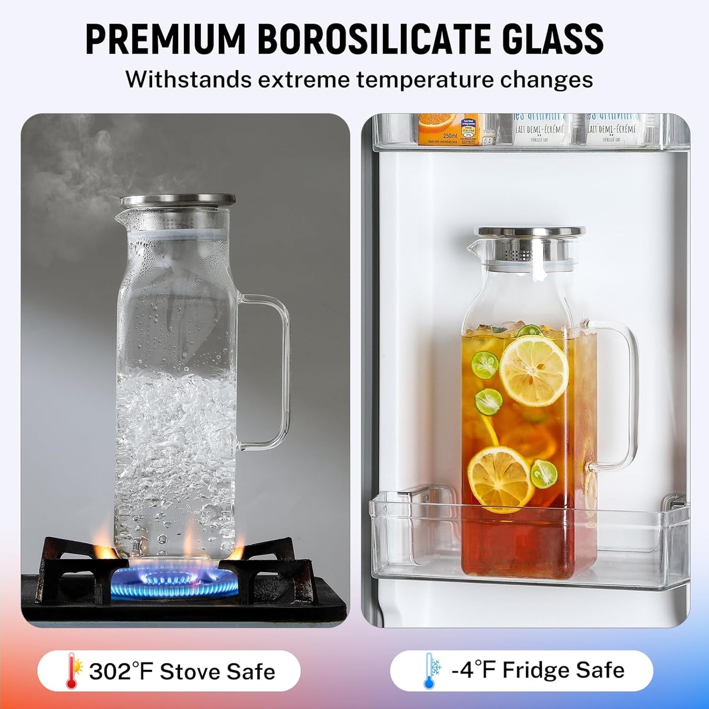 2 Pack 2 Liters/68 Oz Square Glass Pitcher with Lid and Handle for Fridge, Iced Tea and Coffee Carafe Beverage Serveware, Heat Resistant Borosilicate Water Jug for Hot/Cold Drinks and Milk