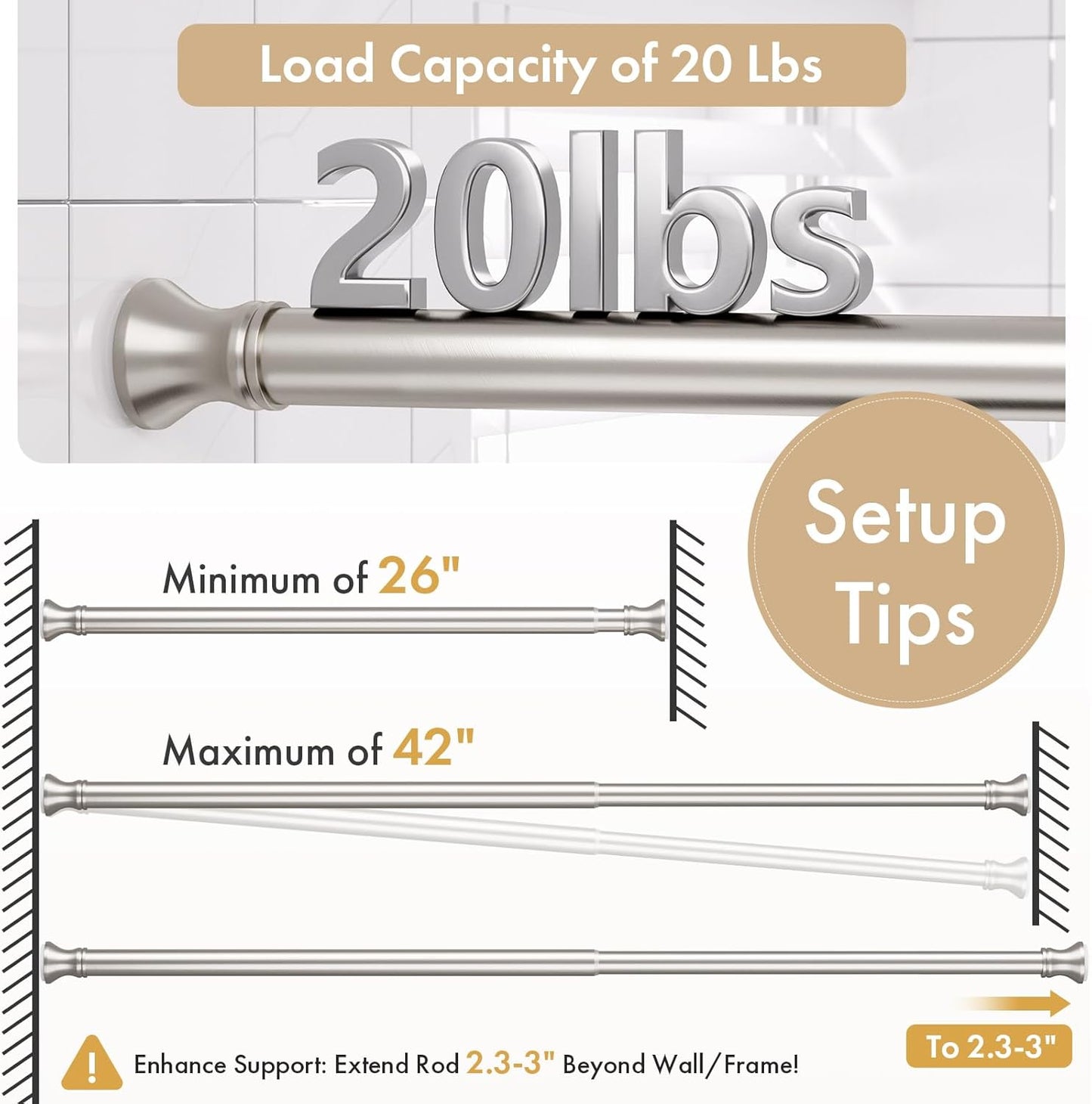 Spring Tension Shower Curtain Rod, 26-42 Inches Rust-Resistance Tension Curtain Rod Bathroom Rod, Adjustable Shower Curtain Rod No Drill, Nickel