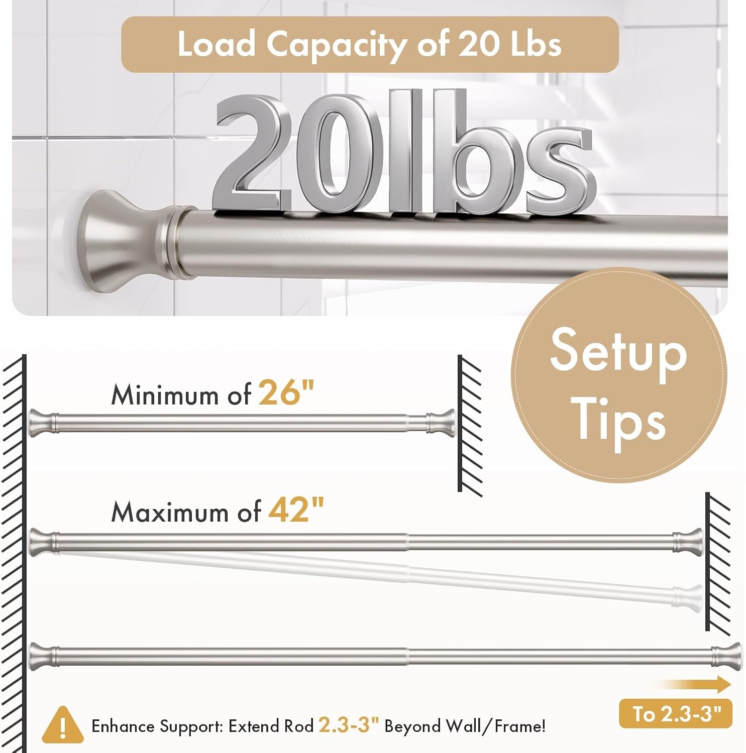 Spring Tension Shower Curtain Rod, 26-42 Inches Rust-Resistance Tension Curtain Rod Bathroom Rod, Adjustable Shower Curtain Rod No Drill, Nickel