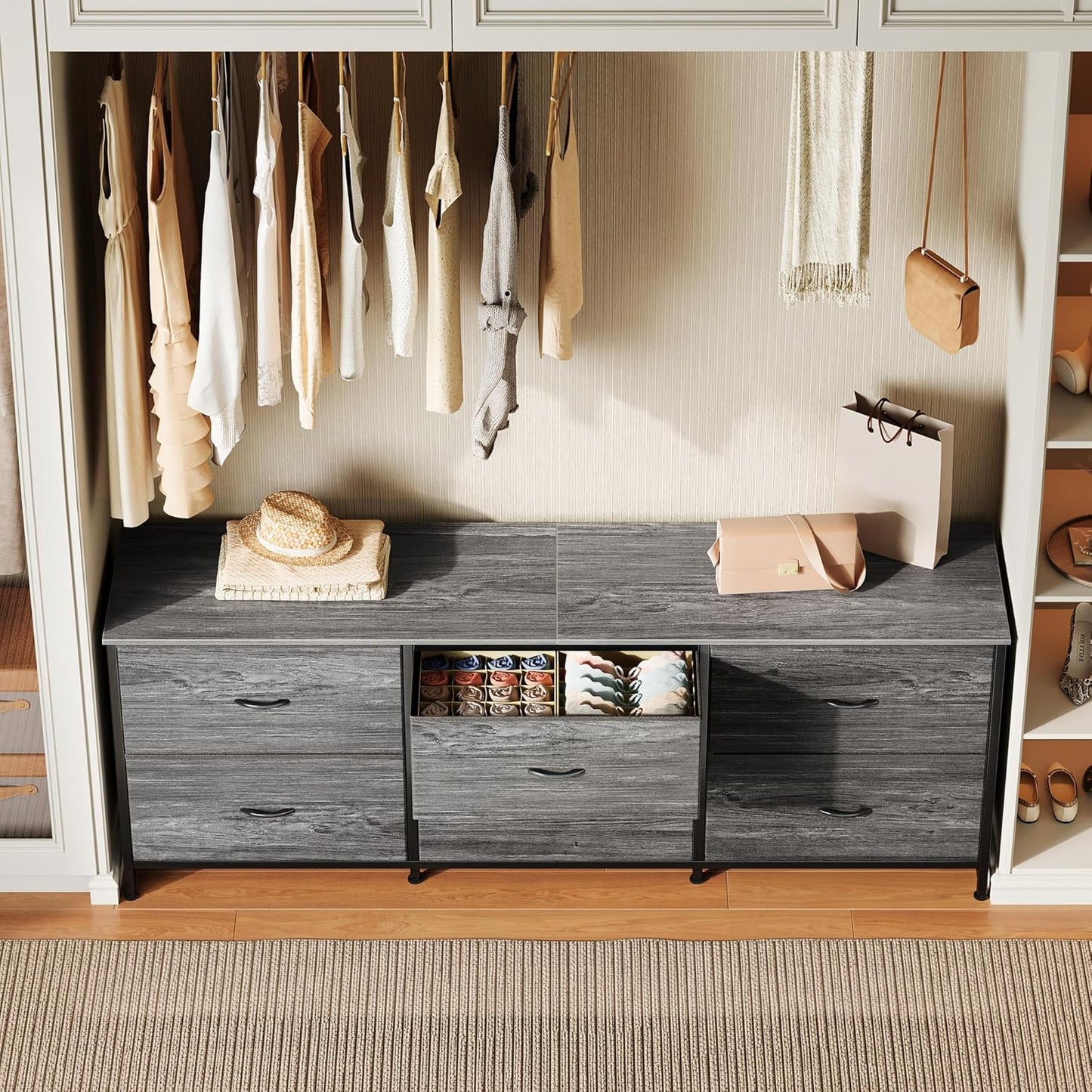 63-Inch Dresser and TV Stand Combination for Bedrooms, Accommodates 55 to 70 Inch TVs, Features 6 Fabric-Drawer Storage Solution, Ideal for Bedroom and Entryway, Grey Finish