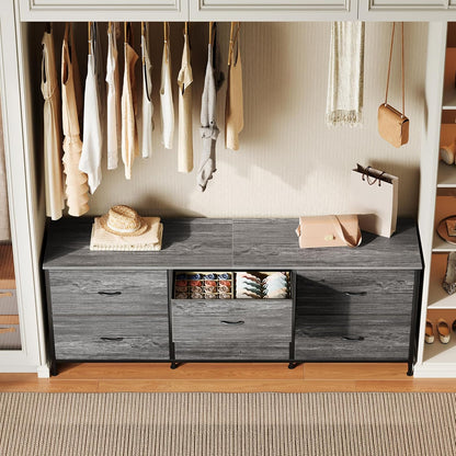 63-Inch Dresser and TV Stand Combination for Bedrooms, Accommodates 55 to 70 Inch TVs, Features 6 Fabric-Drawer Storage Solution, Ideal for Bedroom and Entryway, Grey Finish