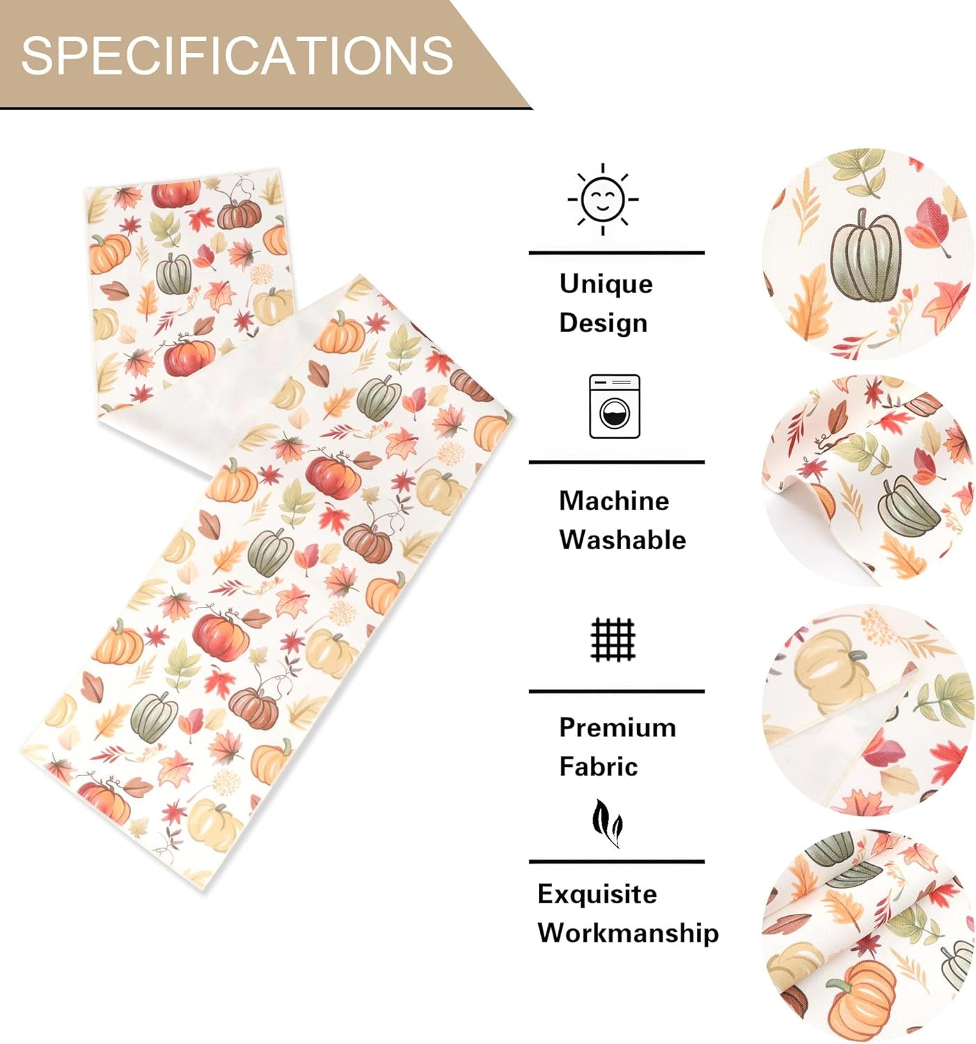 Fall Table Runner for Kitchen Dining Table, Thanksgiving Autumn Printed Harvest Pumpkins Maple Leaves Textured Fabric Halloween Holiday Home Decorations, Water-Proof, Washable, 13" W X 36" L