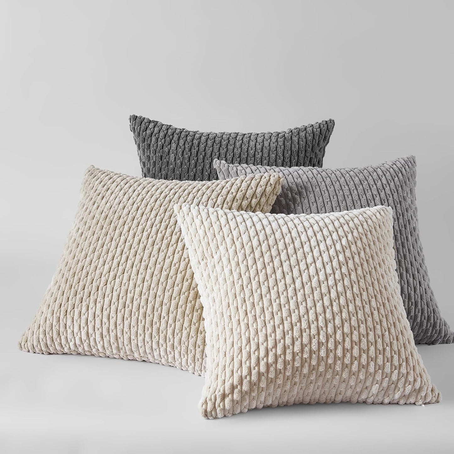 Set of 4 Farmhouse Neutral Decorative Throw Pillow Covers 18X18 Inch for Couch Bed Sofa Bedroom, Modern Boho Home Decor, Soft Fluffy Textured Corduroy Cute Grey Series Cushion Case 45X45 Cm