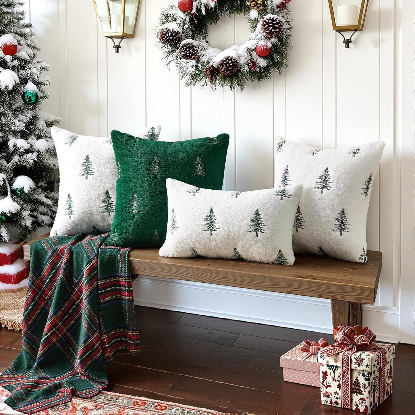 Christmas Decorative Pillow Covers Set of 2 Faux Fur Throw Pillows with Embroidered Christmas Tree 18X18 Inch White Green Winter Couch Covers for Festival Sofa Bedroom Living Room Home Decor